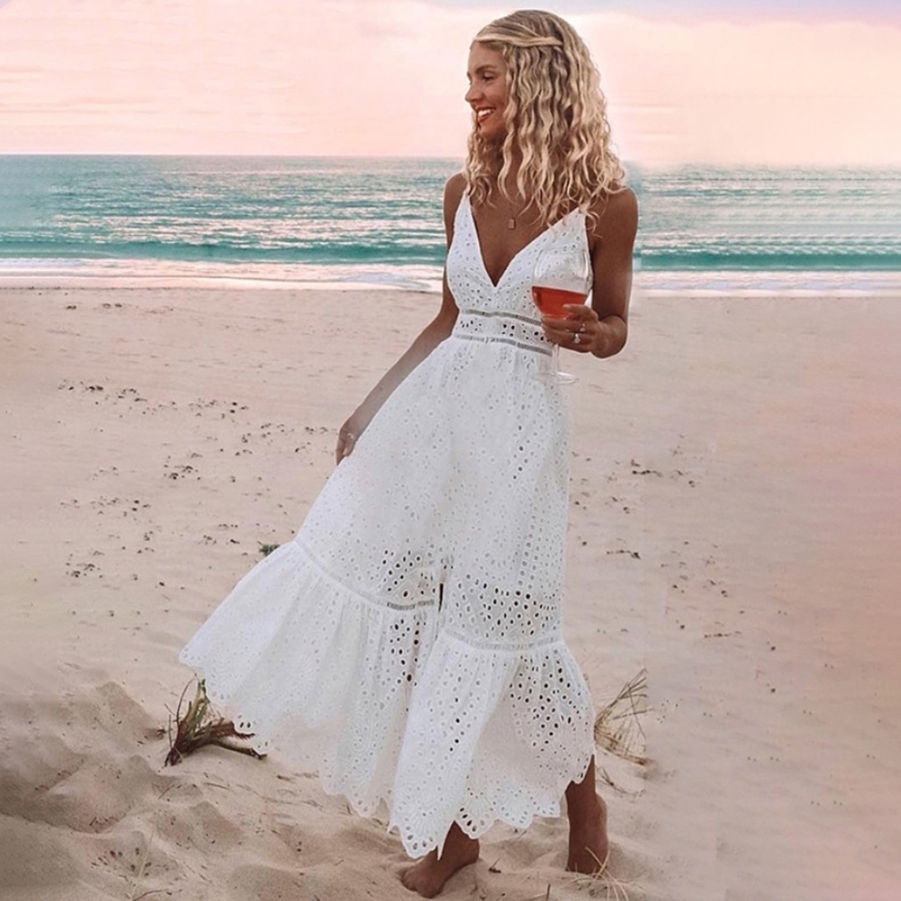 Boho V-Neck Long White Fit & Flared Cami Dress
